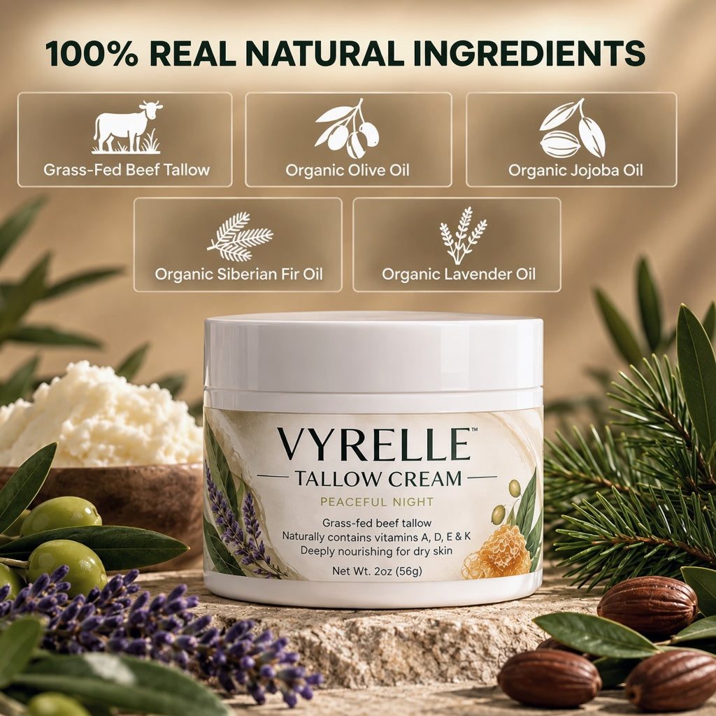 VYRELLE Premium Whipped Beef Tallow Cream with grass-fed tallow, organic olive oil, jojoba oil, Siberian fir, and lavender